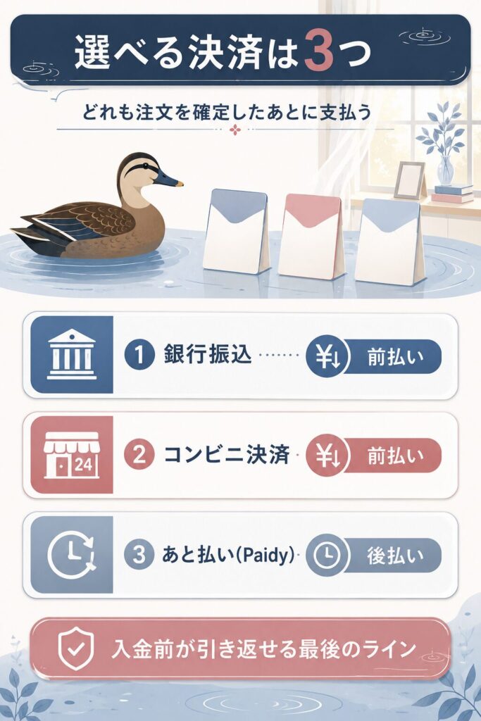 銀行振込・コンビニ・あと払いの3決済を整理した図