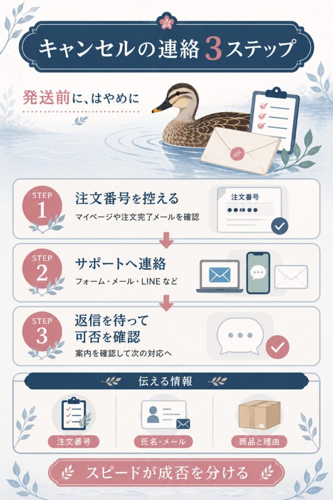 キャンセル連絡の3ステップを示したフロー図