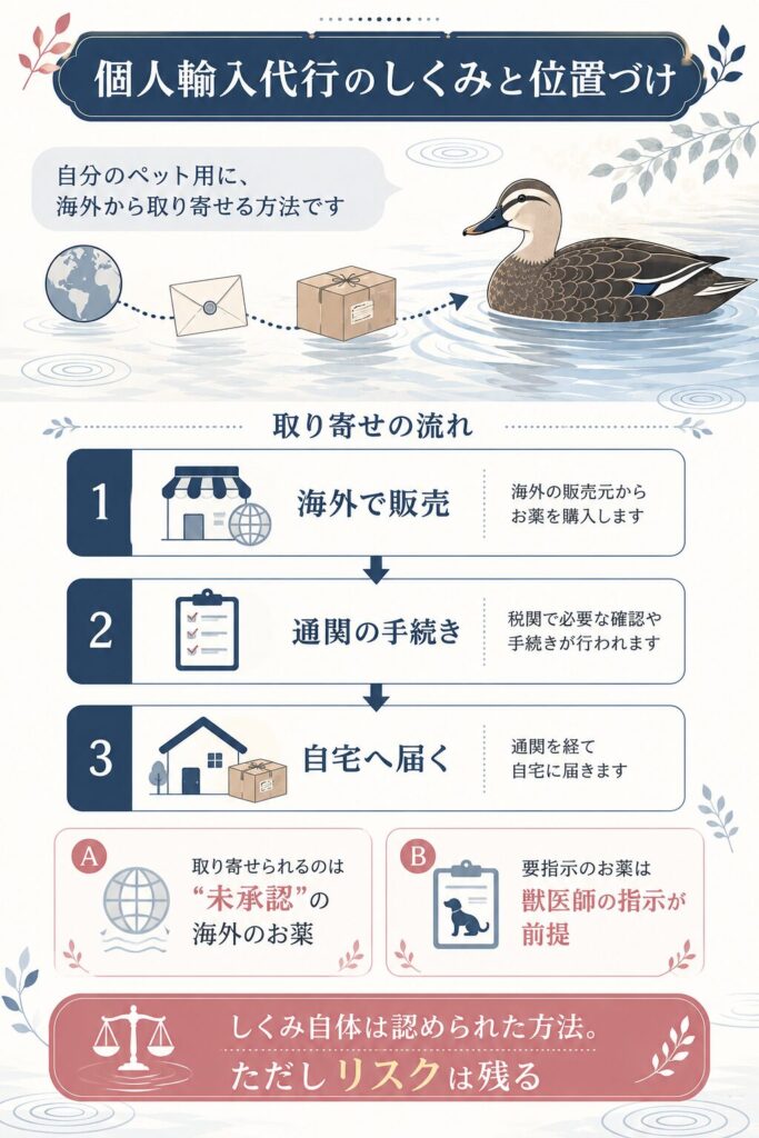 動物用医薬品の個人輸入代行のしくみと薬機法上の位置づけの図