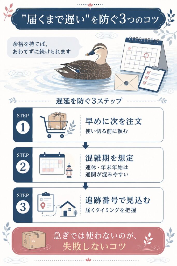 海外発送で届くまで遅いを防ぐ3つのコツを示したフロー図