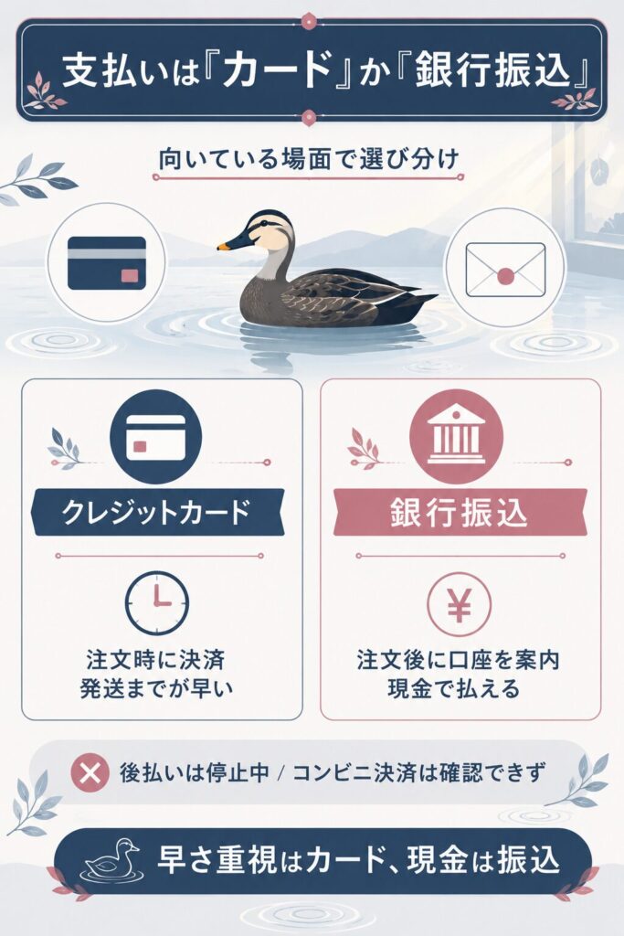 カード払いと銀行振込の特徴を対比した図