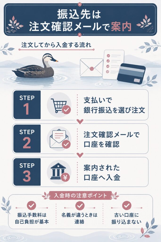 銀行振込の手順と振込先の確認方法を示した図