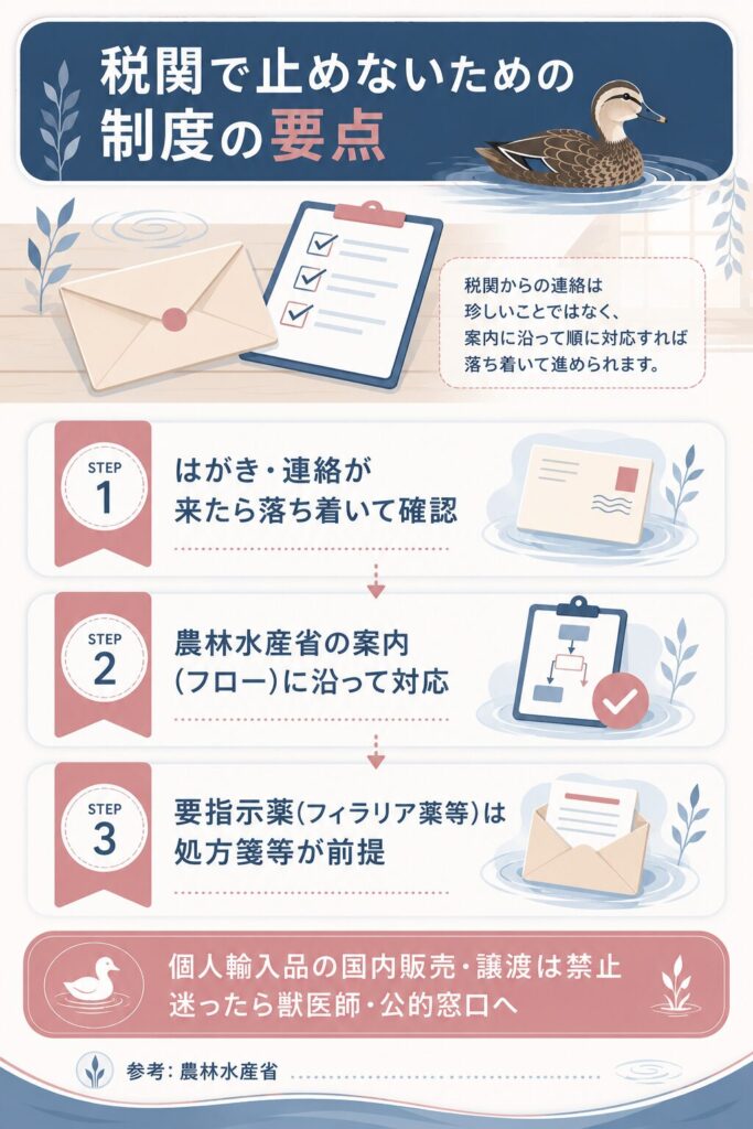 税関と輸入確認の対応の流れを示す図解