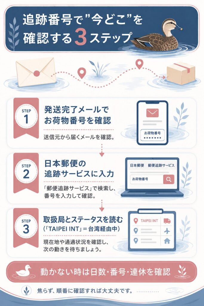 追跡番号で現在地を確認する3ステップの図解