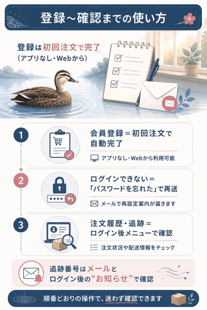 会員登録・ログイン・注文履歴の使い方の図
