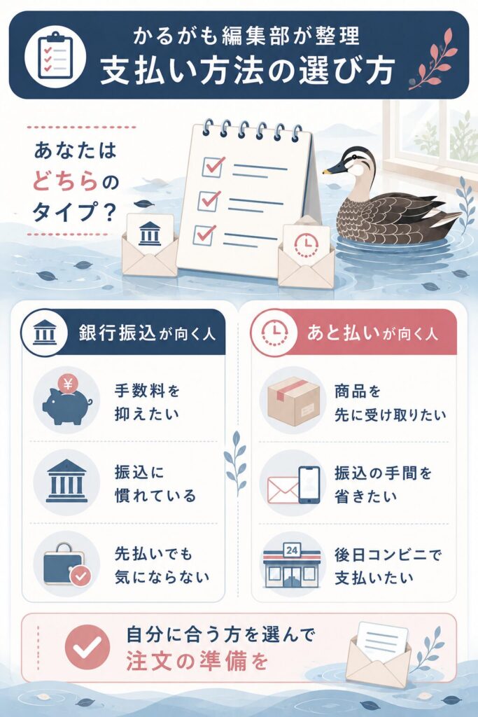 銀行振込とあと払いの向き不向きを整理した判断軸の図