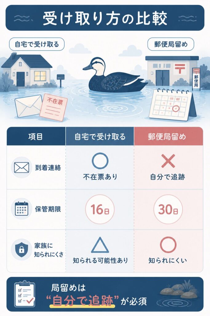 自宅受け取りと郵便局留めの保管期限を比べた図