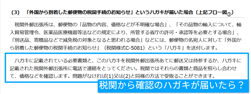 税関の郵便物通関手続のお知らせを写した画面