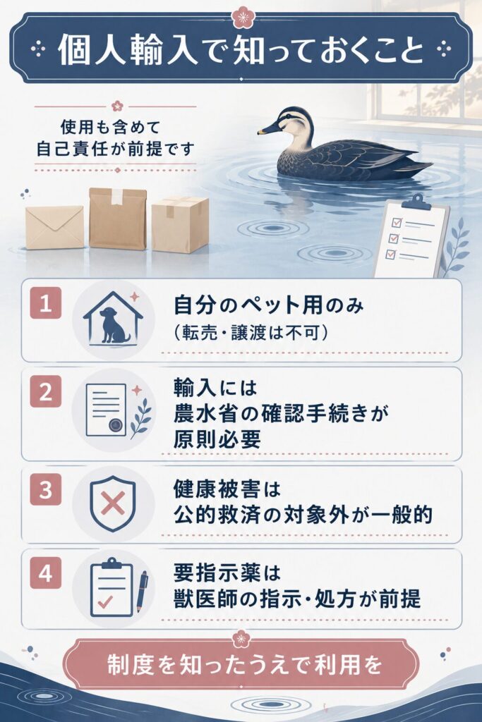 動物用医薬品の個人輸入の制度とリスクを整理した図