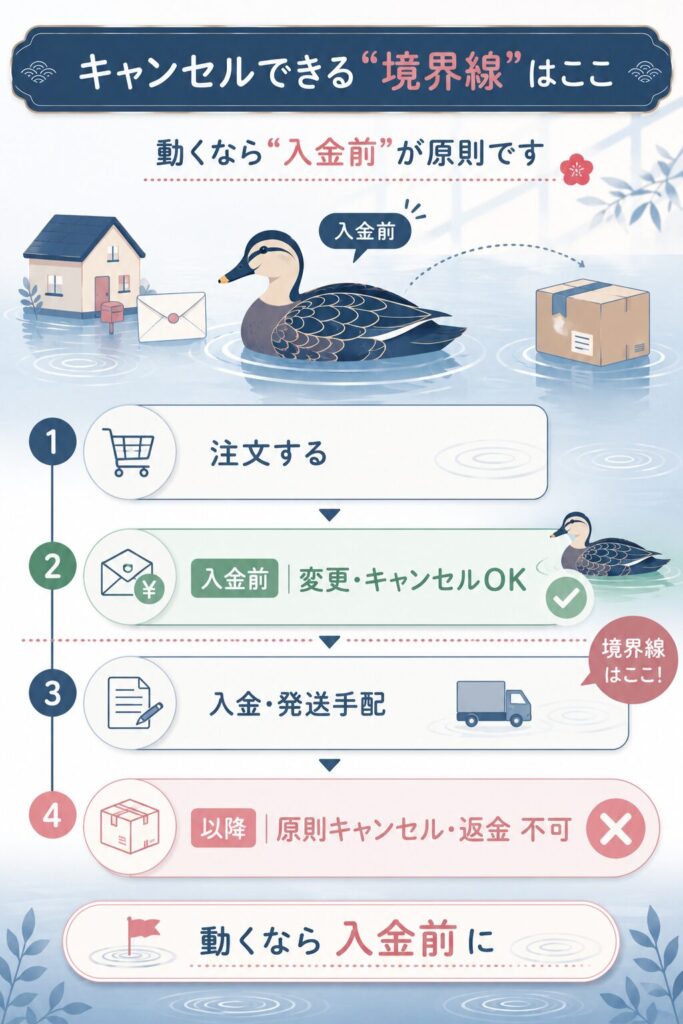 入金前後でキャンセル可否が変わる流れの図