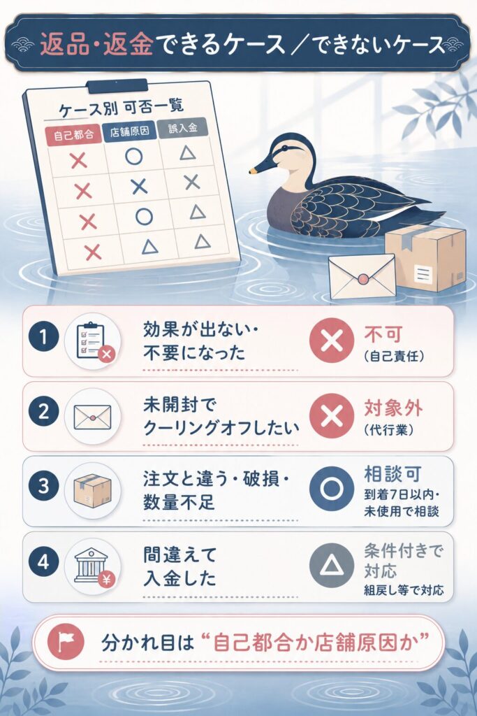 返品返金できるケースとできないケースの一覧図