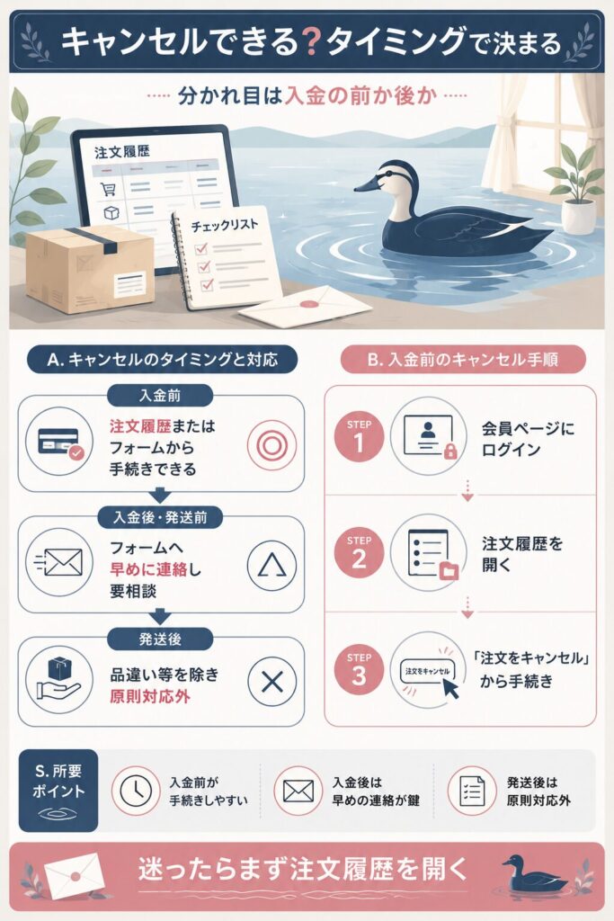 入金前・入金後・発送後でキャンセル可否が分かれる流れを示したフロー図